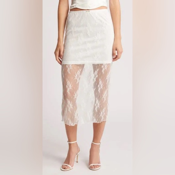 All In Favor Semi-sheer White Lace Midi Skirt- Size Small - Picture 1 of 6